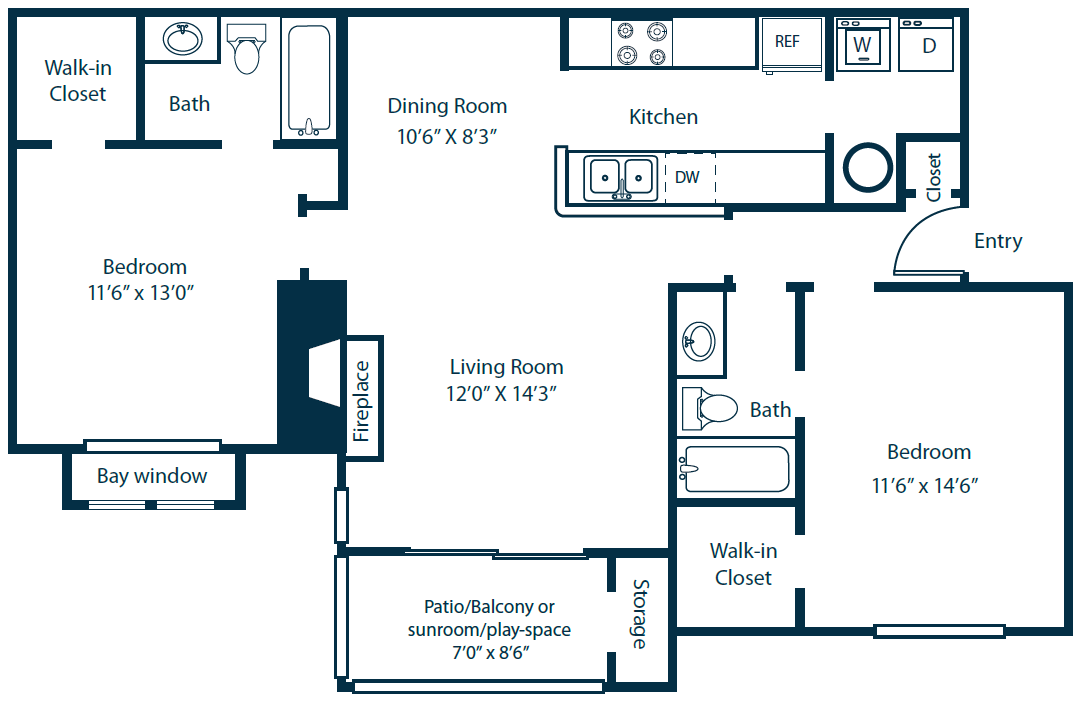 Floor plan for 2 beds, 2 baths, 1180 sqft